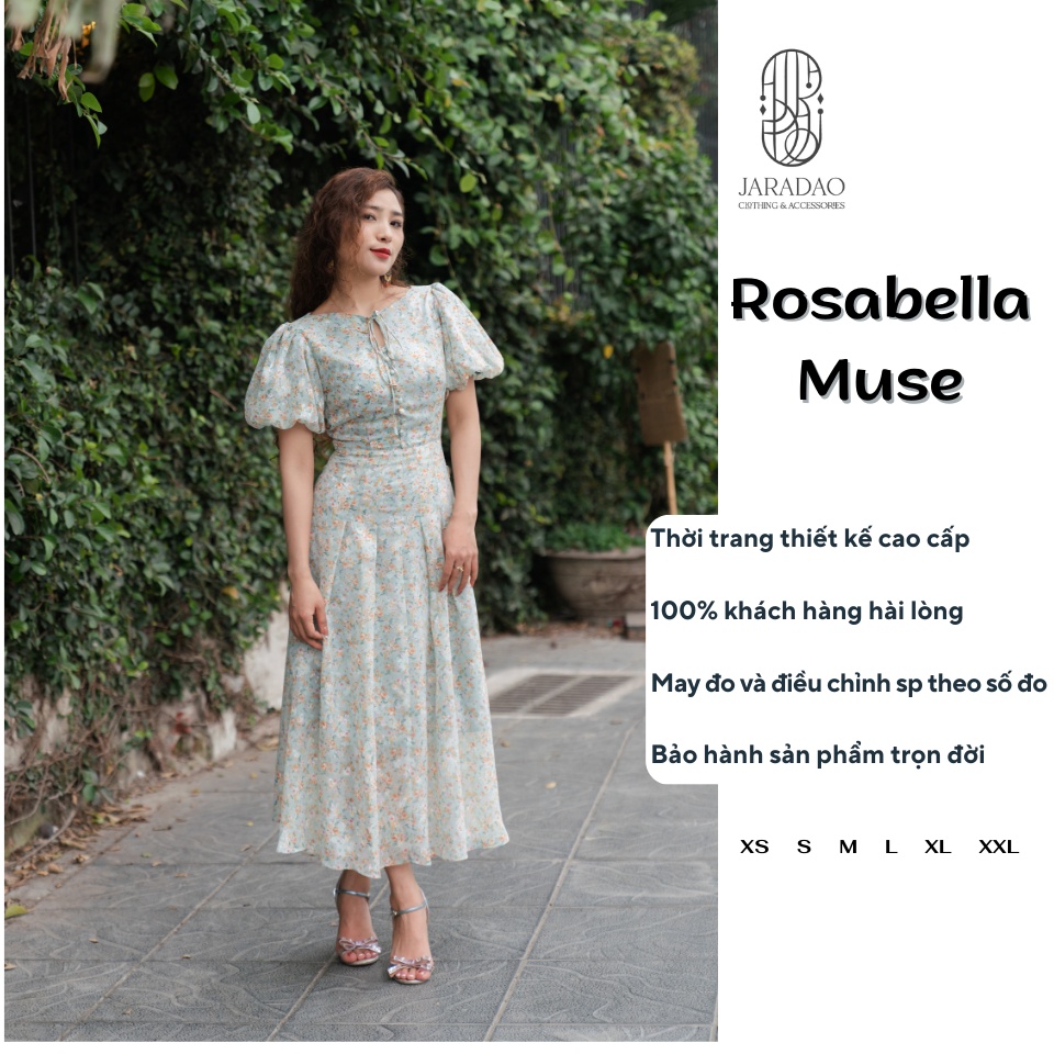 Váy maxi hoa nhí dáng dài nàng thơ kiểu cách hiện đại cổ điển Vintage Retro Âu Mỹ JARADAO Rosabella xanh ngọc