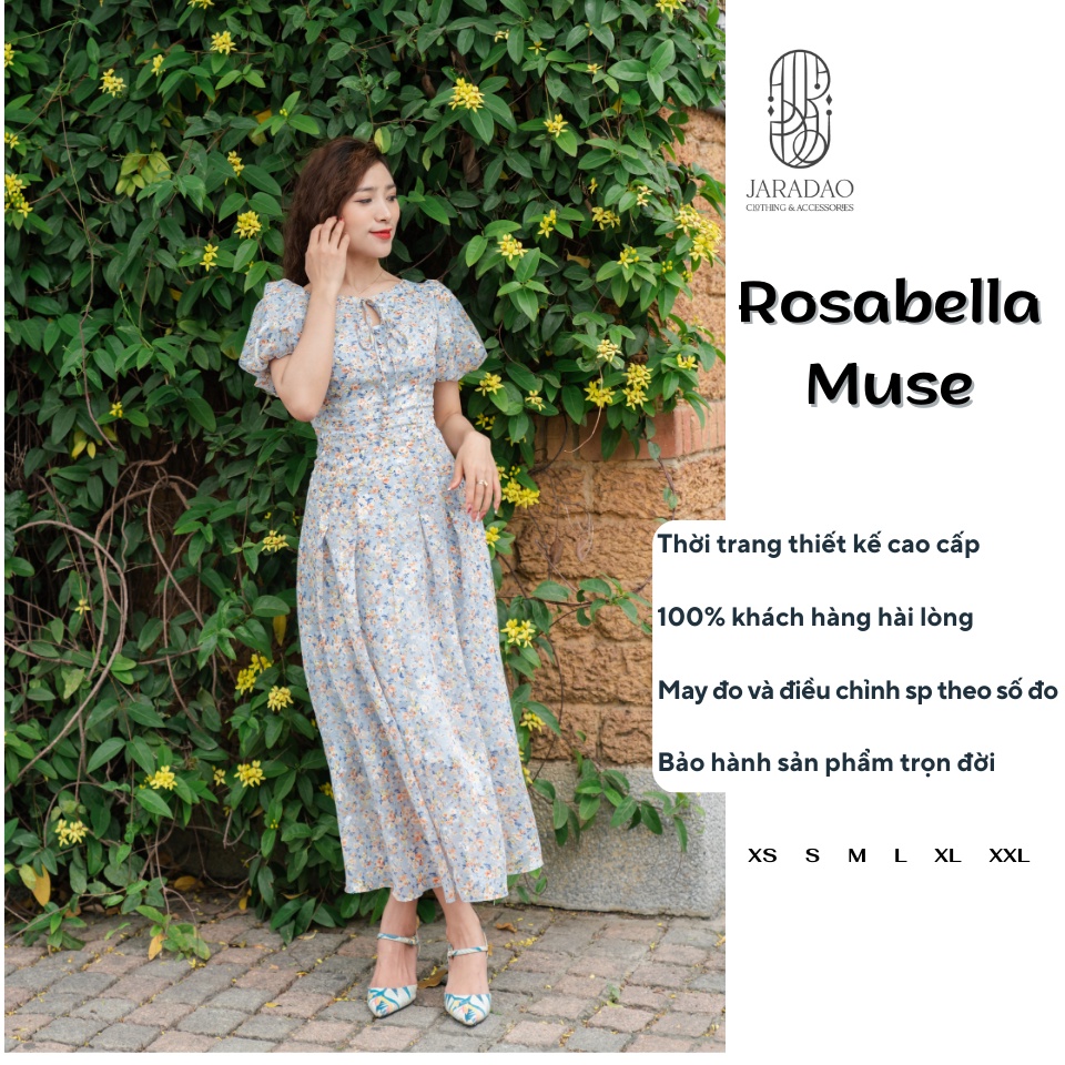 Váy maxi hoa hồng nhí dáng dài nàng thơ kiểu cách hiện đại cổ điển Vintage Retro Âu Mỹ JARADAO Rosabella xanh dương
