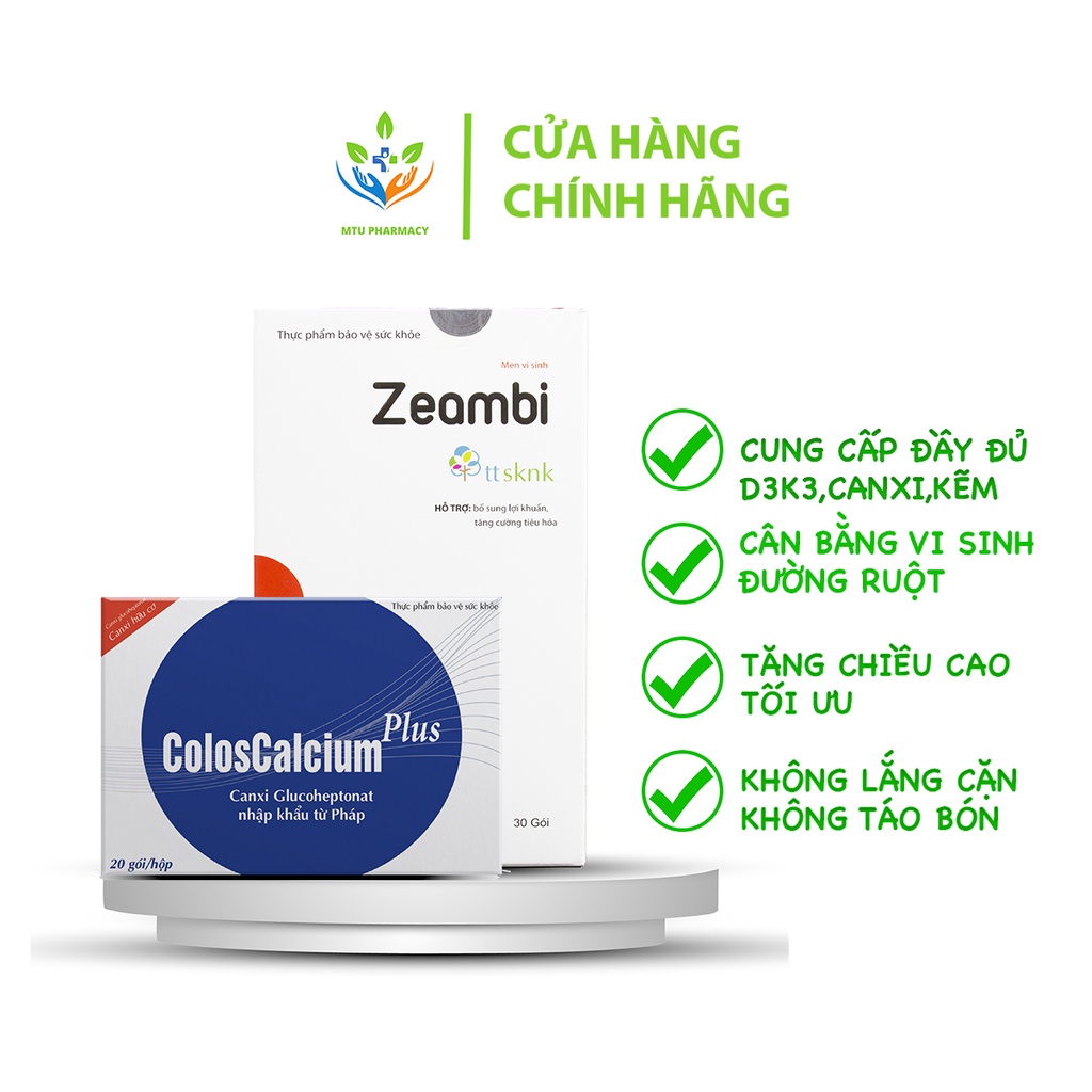 Combo tăng chiều cao Zeambi men vi sinh Colos Calcium Plus dạng hộp (Men vi sinh 30 gói & Canxi 20 gói)