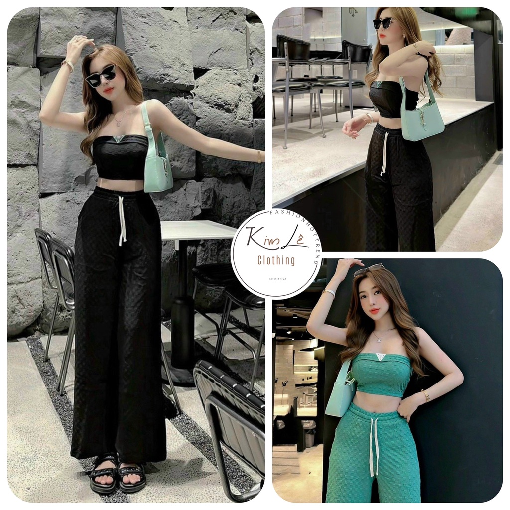 Set Áo Croptop Cúp phối Quần Dài Ống Suông Sang Chảnh 3 MÀU. Chất liệu: GÂN NỔI CAO CẤP