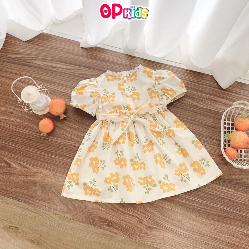 Váy cổ ren nơ eo 1191 op.kids size 8 - 26 kg, đầm hoa cho bé gái chất thô hàn thoáng mát, thấm hút mồ hôi