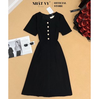 Đầm bigsize công sở Nhật Vy cổ tim đính cúc dáng xoè chất thun phù hợp đi chơi cafe sang chảnh - D2460
