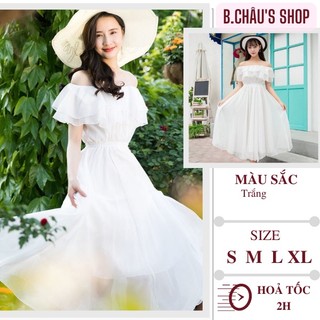 [ HÀNG QC 40-65KG] Đầm nữ voan trễ vai trắng thanh thuần dễ thương | Đầm nữ dự tiệc phong cách tiểu thư đáng yêu