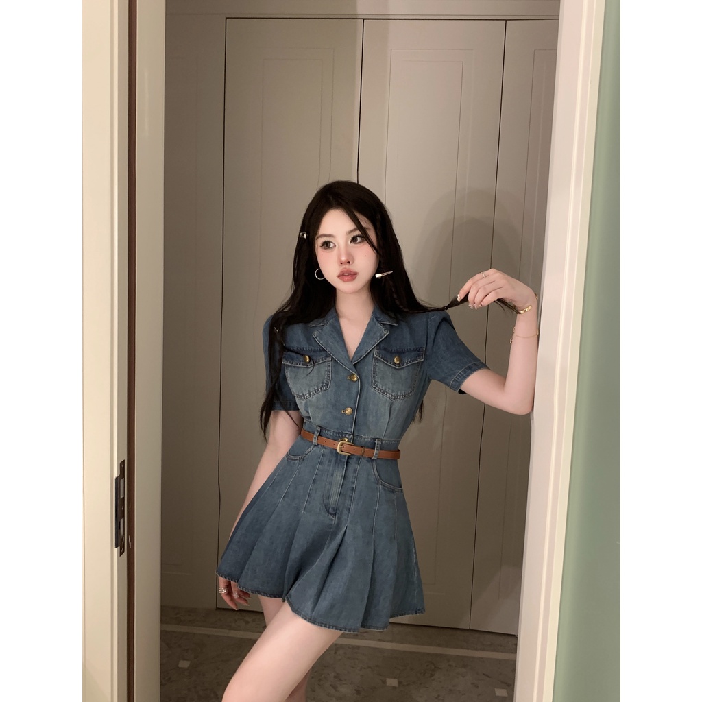 Order váy jean denim bò liền thân dáng ngắn, cộc tay kèm thắt lưng phong cách hàn quốc