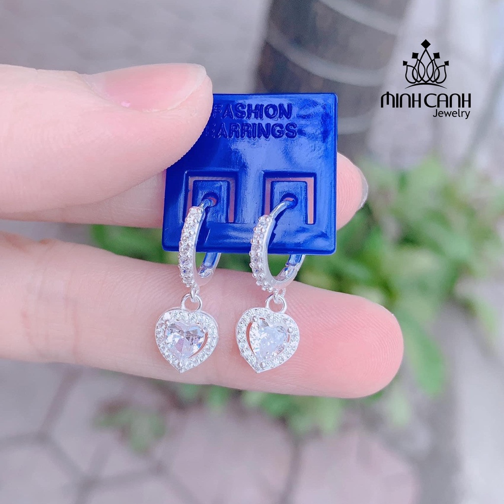 Hoa Tai Bạc Bấm Tròn Treo Trái Tim - Minh Canh Jewelry