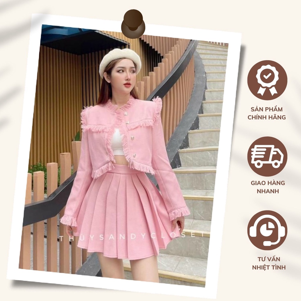 Set Dạ Váy Hồng thiết kế tay dài, vai bồng phối váy ngắn phong cách Hàn Quốc | BigBuy360 - bigbuy360.vn