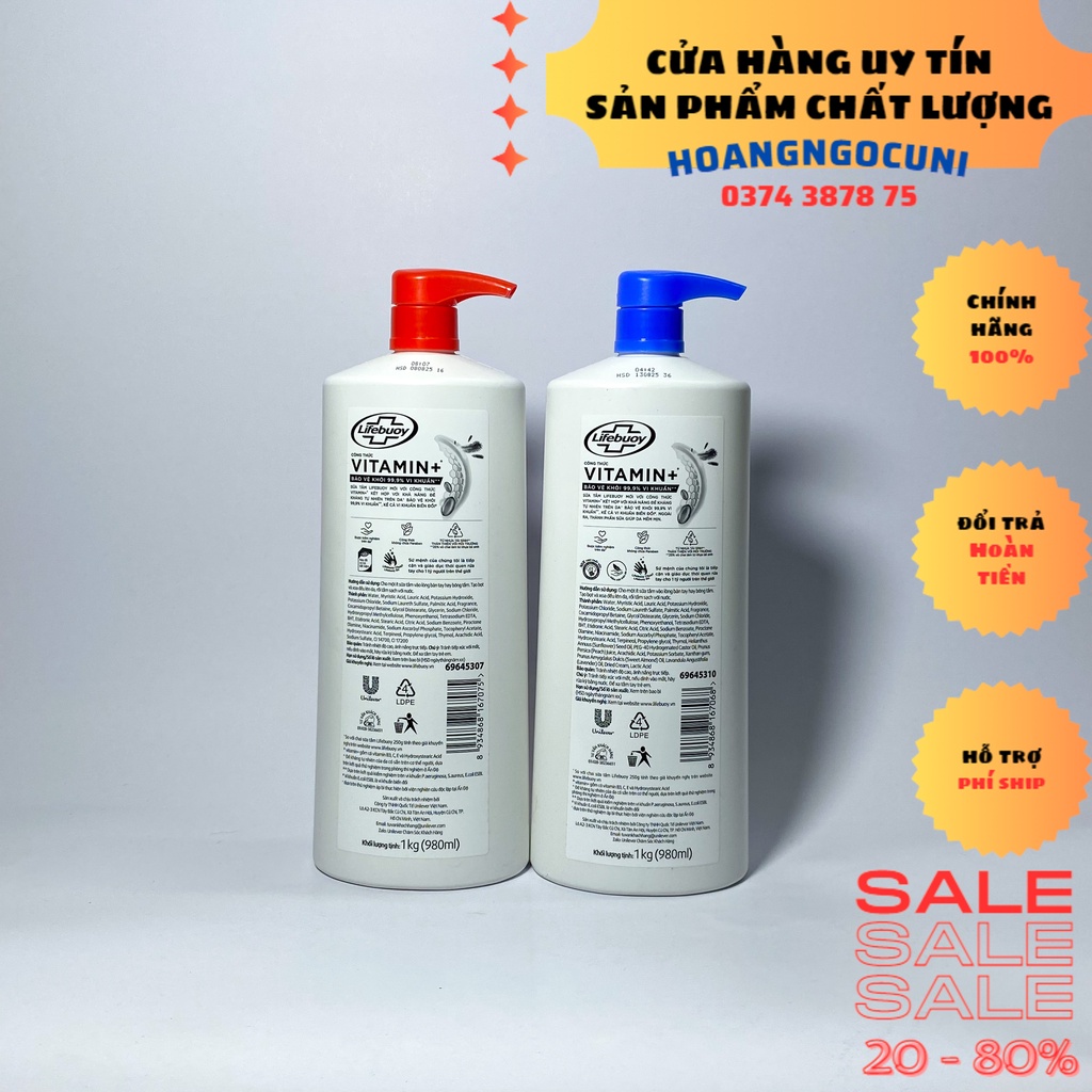 Sữa tắm Lifebuoy chai lớn có vòi 1.1kg đỏ bảo vệ vượt trội và xanh dưỡng ẩm da mẫu mới chính hãng