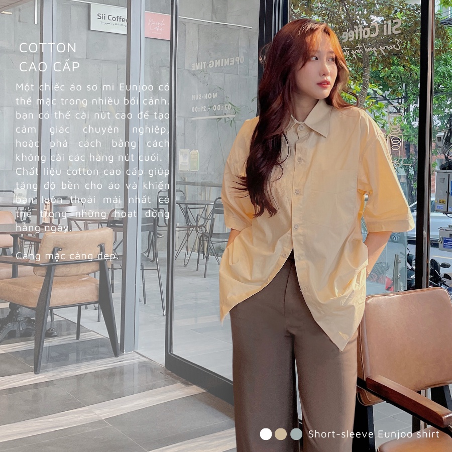 Áo sơ mi Tay ngắn Trắng Be Xanh bơ Form rộng Eunjoo Shirt Thiết kế Homnaylathu5 | BigBuy360 - bigbuy360.vn