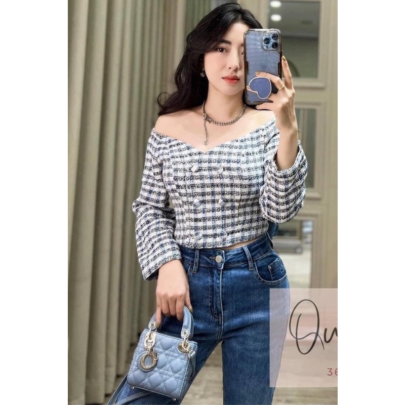 ZARA Đức - Áo kiểu croptop dạ trễ vai tweed dạ nỉ tay lửng nút caro xanh dương sale auth new cao cấp có sẵn 4387/262