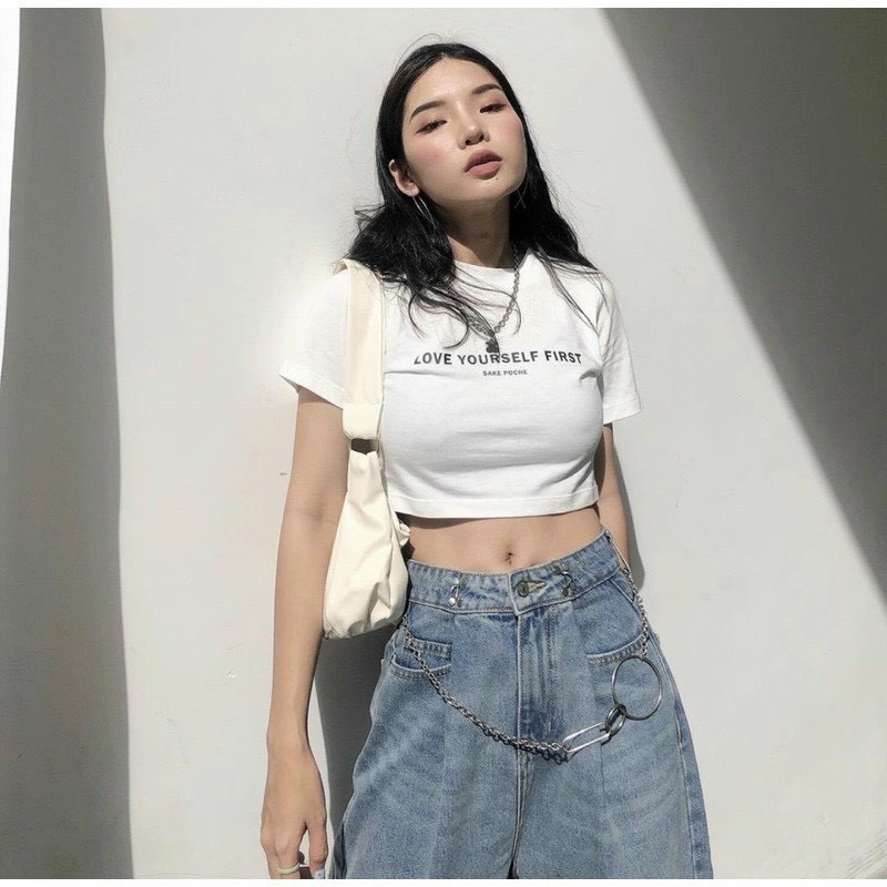 Áo Croptop Ôm Body Nữ In Chữ In Hình Cổ Tròn Tay Ngắn, Áo Thun Croptop Kiểu Phối Tay Sexy In Họa Tiết sắc nét