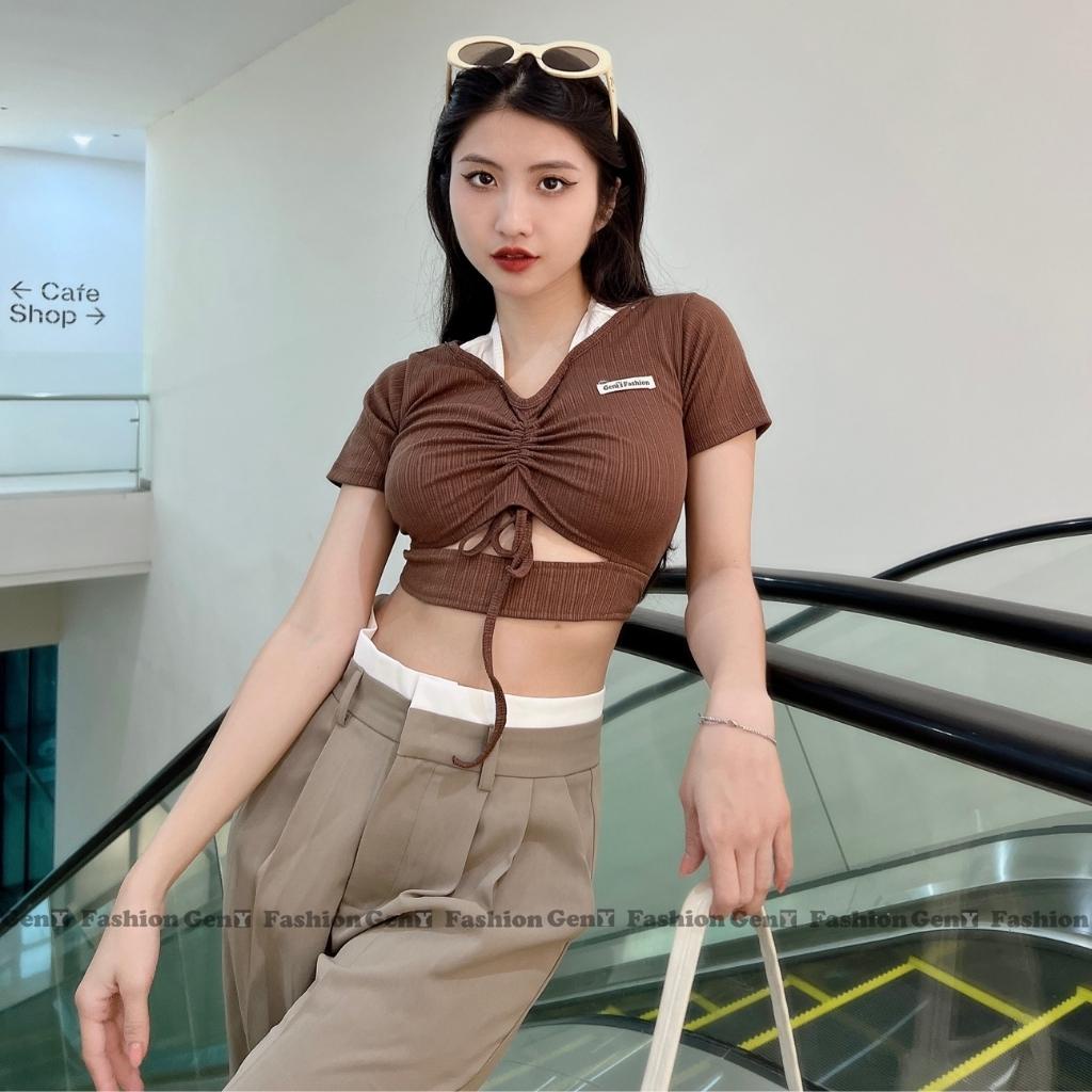 Áo croptop rút dây trước ngực cổ giả yếm GenY, áo kiểu nữ ôm body khoét eo cực quyến rũ có bigsize -C13-