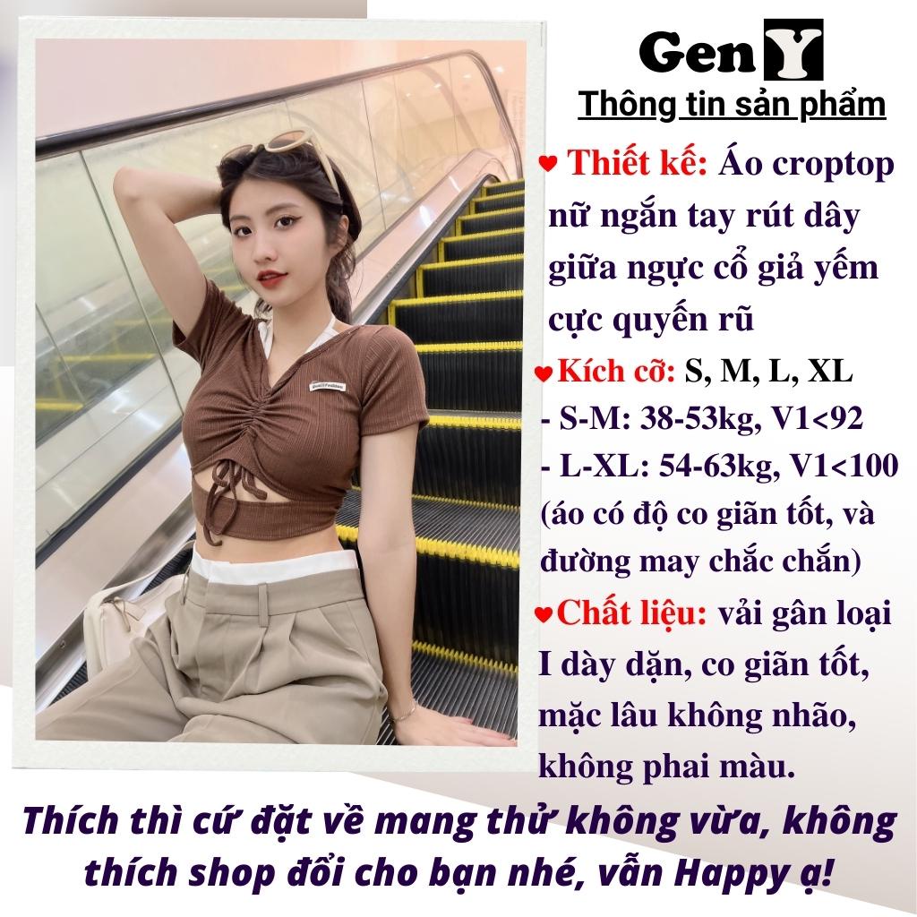 Áo croptop rút dây trước ngực cổ giả yếm GenY, áo kiểu nữ ôm body khoét eo cực quyến rũ có bigsize -C13-