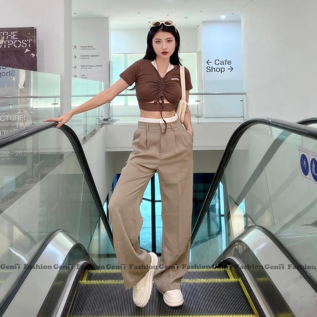 Áo croptop rút dây trước ngực cổ giả yếm GenY, áo kiểu nữ ôm body khoét eo cực quyến rũ có bigsize -C13-