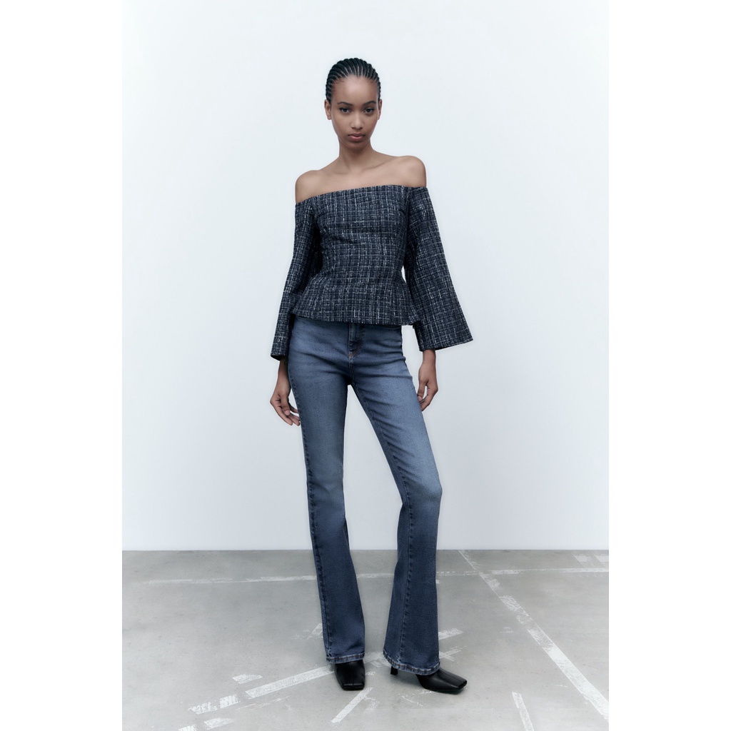 ZARA Đức - Áo kiểu peplum trễ vai tay dài loe dạ tweed xanh đen sale auth new cao cấp chính hãng sẵn 8741/257