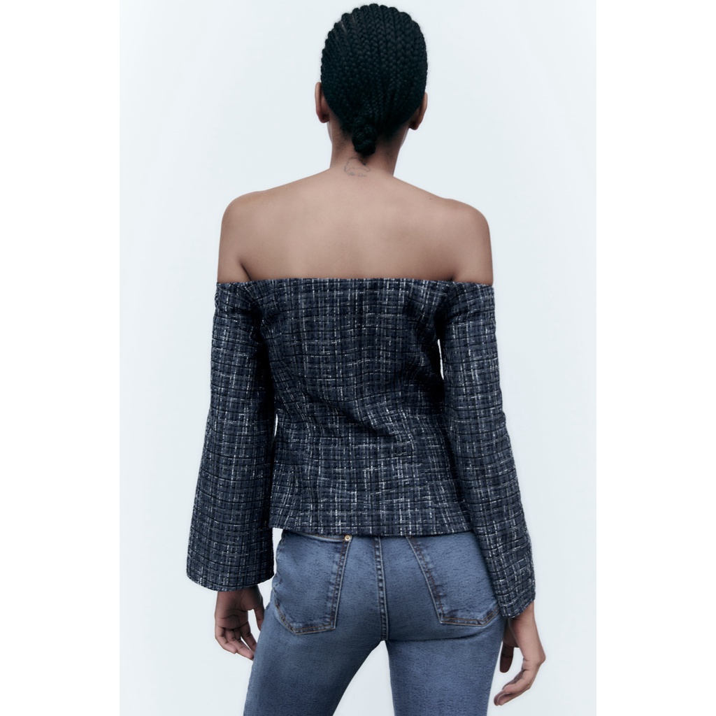 ZARA Đức - Áo kiểu peplum trễ vai tay dài loe dạ tweed xanh đen sale auth new cao cấp chính hãng sẵn 8741/257