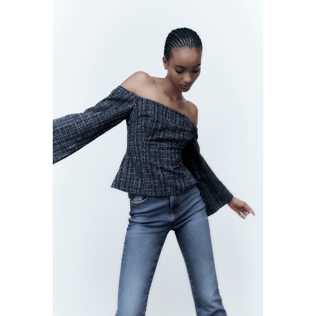 ZARA Đức - Áo kiểu peplum trễ vai tay dài loe dạ tweed xanh đen sale auth new cao cấp chính hãng sẵn 8741/257