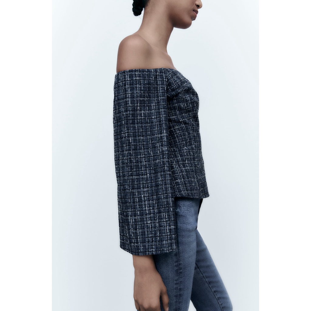 ZARA Đức - Áo kiểu peplum trễ vai tay dài loe dạ tweed xanh đen sale auth new cao cấp chính hãng sẵn 8741/257