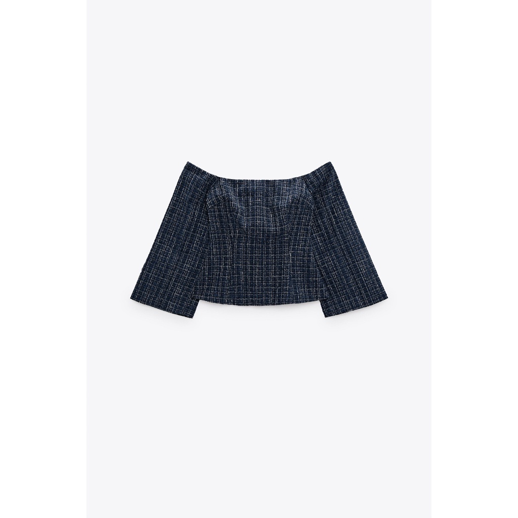ZARA Đức - Áo kiểu peplum trễ vai tay dài loe dạ tweed xanh đen sale auth new cao cấp chính hãng sẵn 8741/257