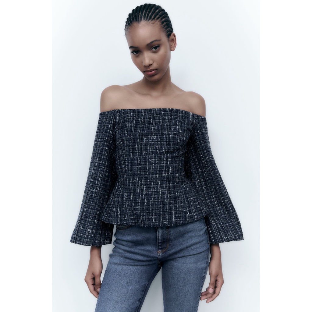 ZARA Đức - Áo kiểu peplum trễ vai tay dài loe dạ tweed xanh đen sale auth new cao cấp chính hãng sẵn 8741/257
