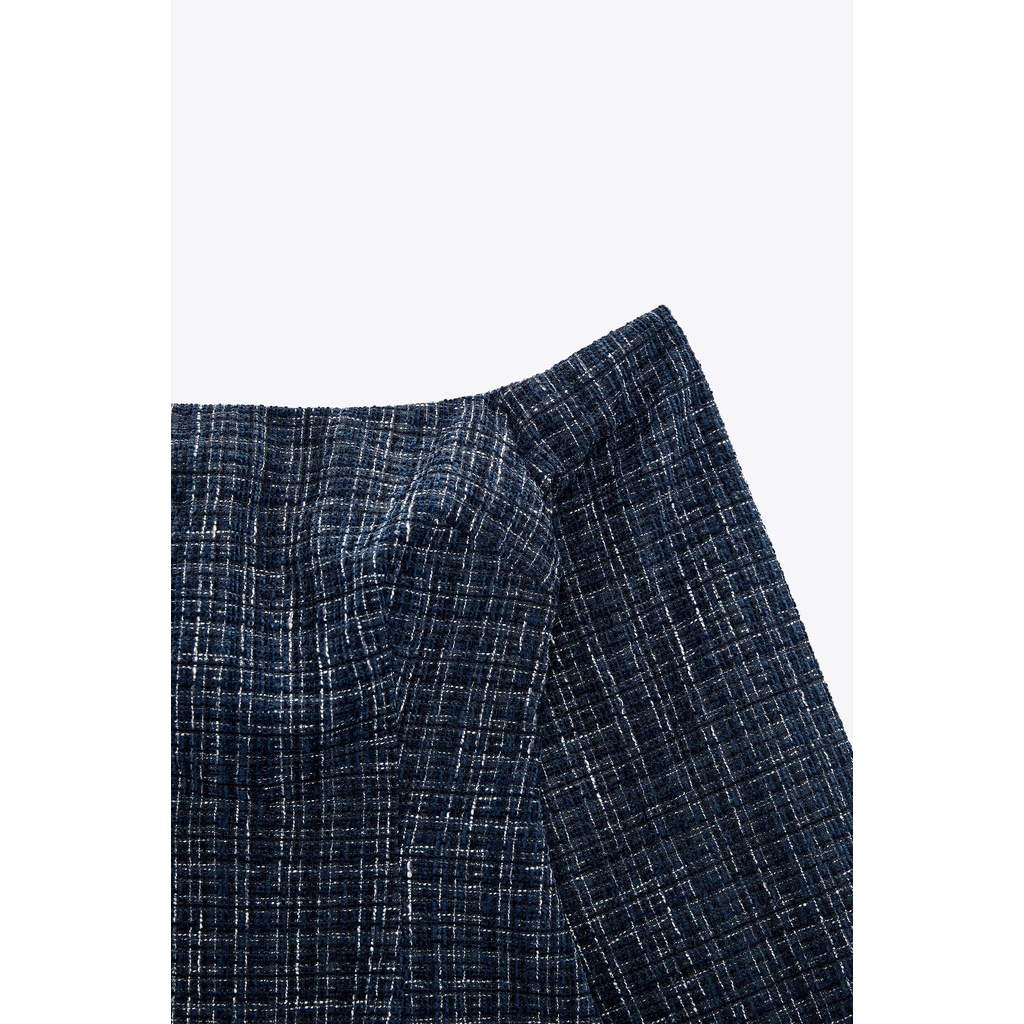 ZARA Đức - Áo kiểu peplum trễ vai tay dài loe dạ tweed xanh đen sale auth new cao cấp chính hãng sẵn 8741/257