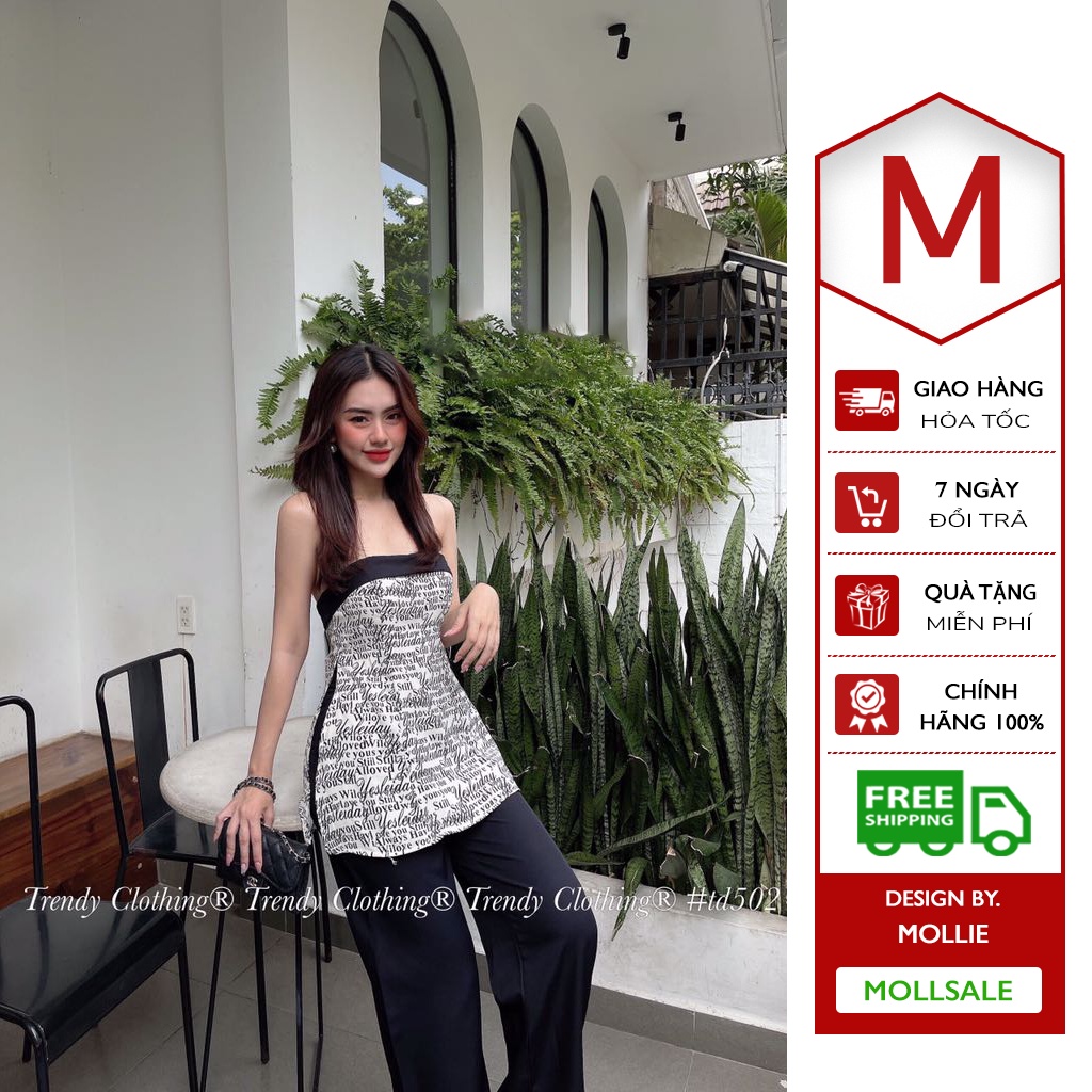 Set áo xẻ tà cúp ngực Mollie thiết kế cotton cao cấp áo cúp ngực quần ống rộng chất cotton mềm phong cách sang chảnh Fre