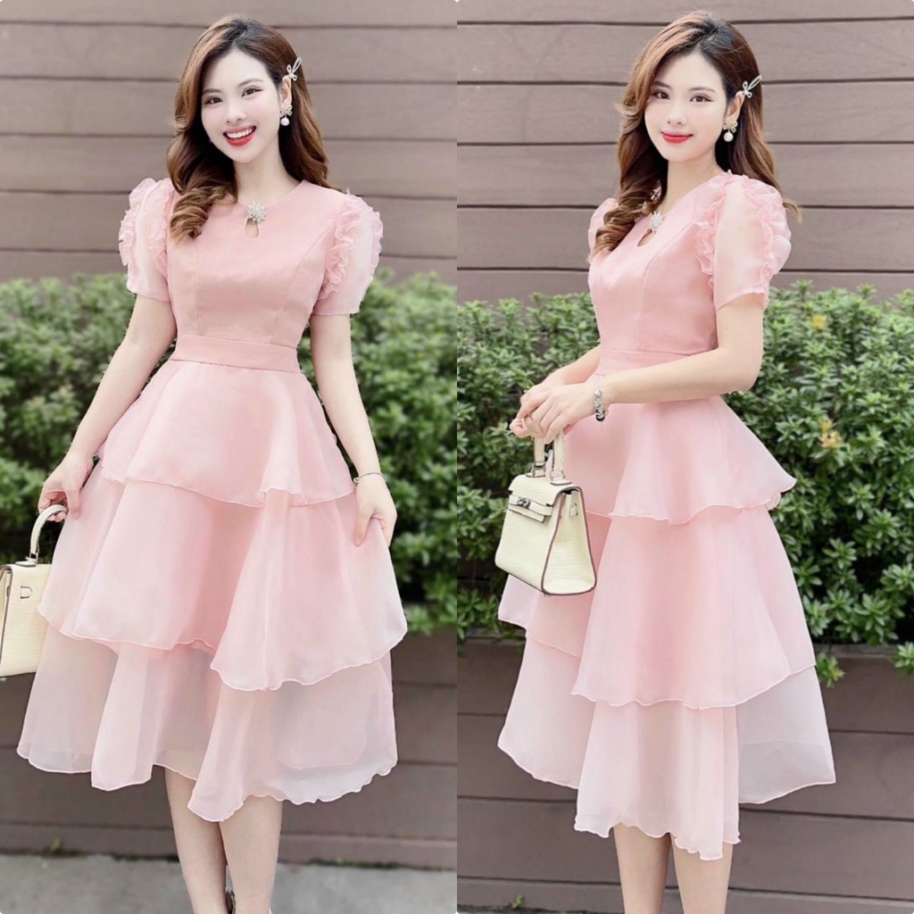 Đầm voan 3 tầng tay phồng xếp bèo (váy có lót, kèm phụ kiện cài cổ) quá sang chảnh