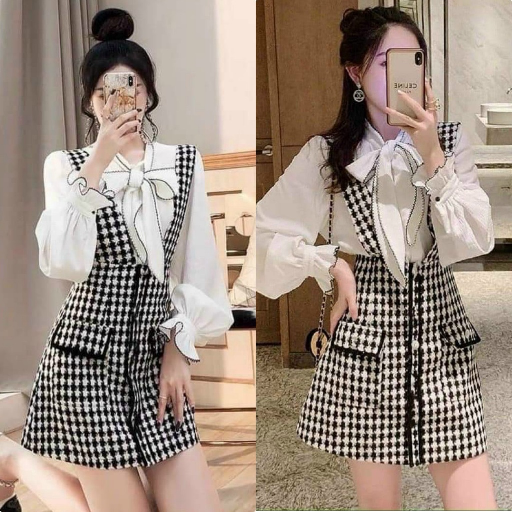 Sét áo tay dài cột nơ cổ kèm váy yếm caro đính nút siêu cute