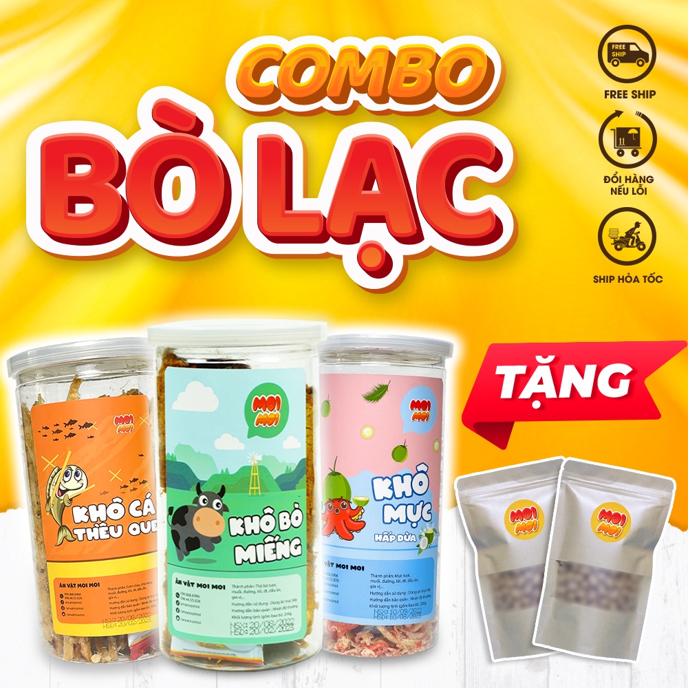 Combo Bò Lạc 3 sản phẩm: Khô bò miếng - Khô cá thiều - Khô mực hấp dừa - Đồ ăn vặt MoiMoi HN Tặng 2 phần quà ngẫu nhiên