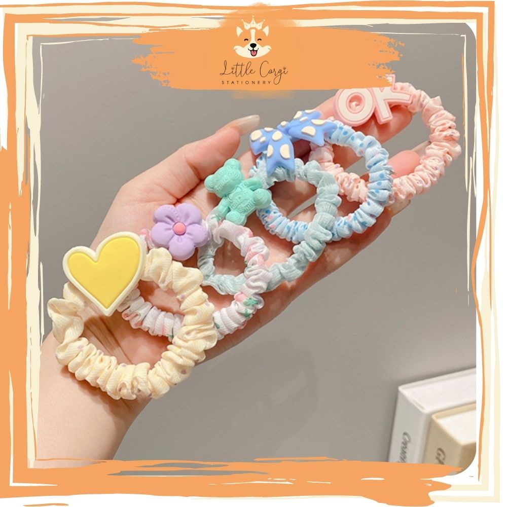 Set 5 cột tóc không đau scrunchies loại nhỏ hoạt hình, trái cây cho bé xinh xắn phong cách Hàn Quốc