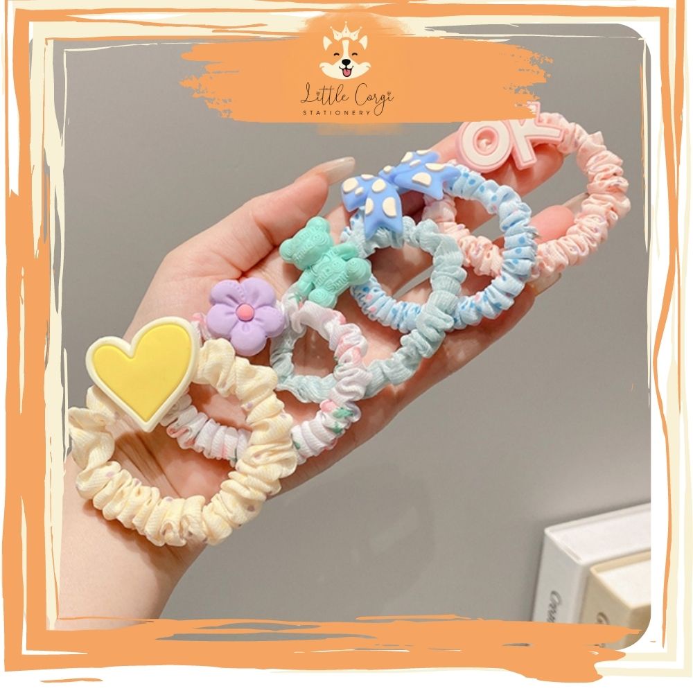 Set 5 cột tóc không đau scrunchies loại nhỏ hoạt hình, trái cây cho bé xinh xắn phong cách Hàn Quốc