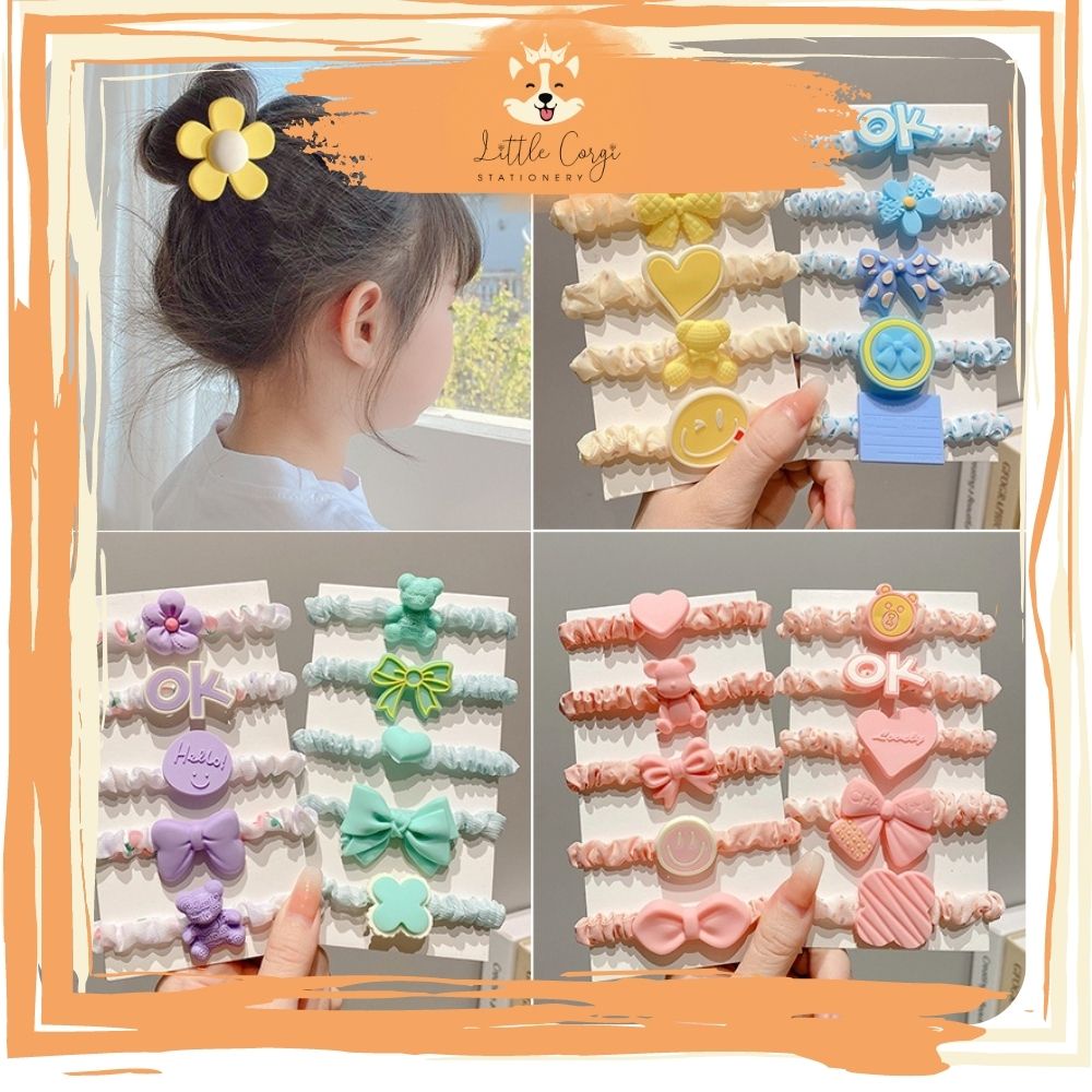 Set 5 cột tóc không đau scrunchies loại nhỏ hoạt hình, trái cây cho bé xinh xắn phong cách Hàn Quốc