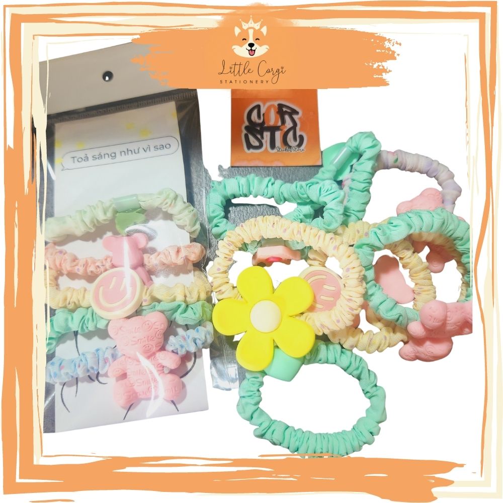 Set 5 cột tóc không đau scrunchies loại nhỏ hoạt hình, trái cây cho bé xinh xắn phong cách Hàn Quốc