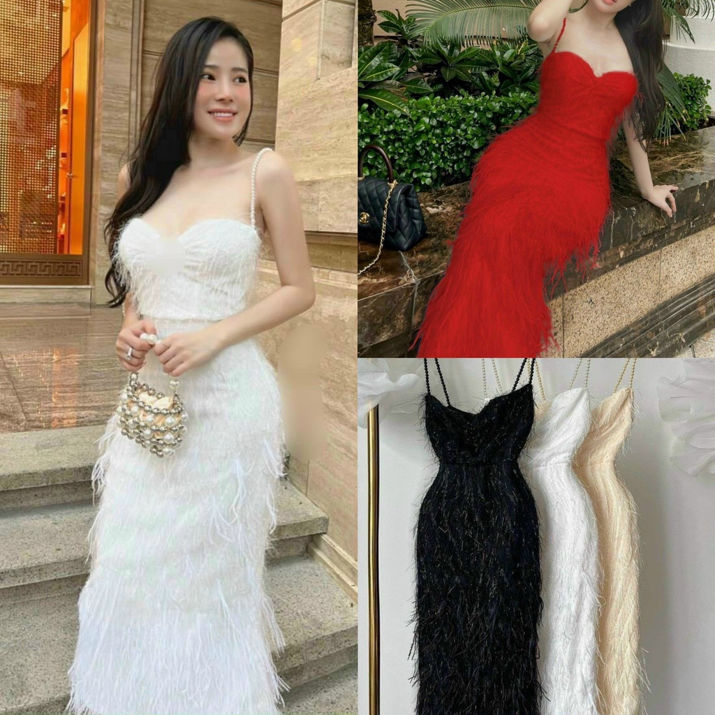 Đầm váy ôm body đuôi cá họa tiết lông vũ kết cườm vai và ngực siêu sang trọng, quý phái phù hợp đi dự tiệc