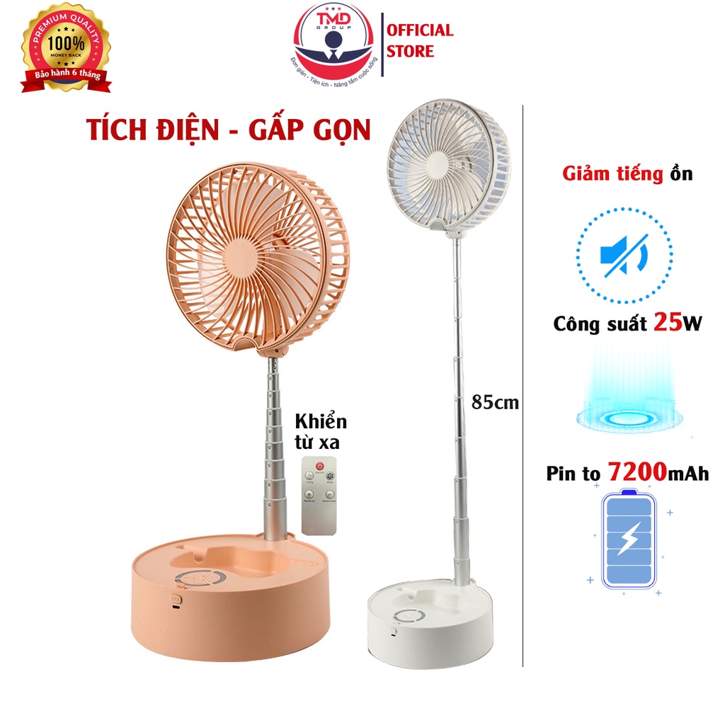 Quạt tích điện cầm tay mini gấp gọn TMD GROUP - Điều khiển từ xa kiêm đèn ngủ, công suất lớn 25W, Pin trâu 7200mAh