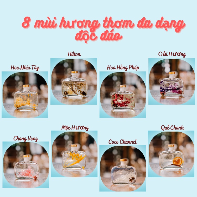 Tinh dầu thơm phòng thiên nhiên WIACHNN 100ml que gỗ tự khuếch tán hoa khô thảo mộc trang trí nhà cửa B100