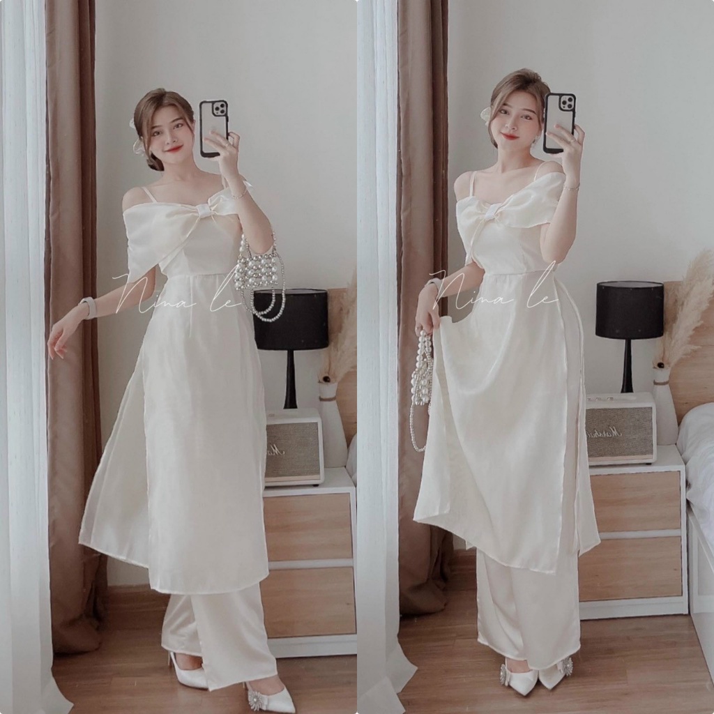 Áo dài cách tân hai dây trễ vai kết nơ ngực kèm quần ống rộng chất voan cao cấp