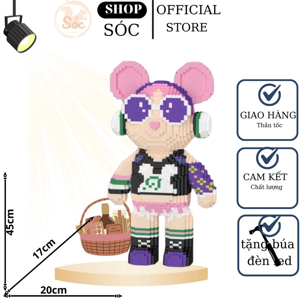 Đồ chơi lắp ráp mô hình gấu bearbrick lắp ráp xếp hình gấu Bear brick 36cm có đèn và ngăn kéo. tặng kèm búa nhựa