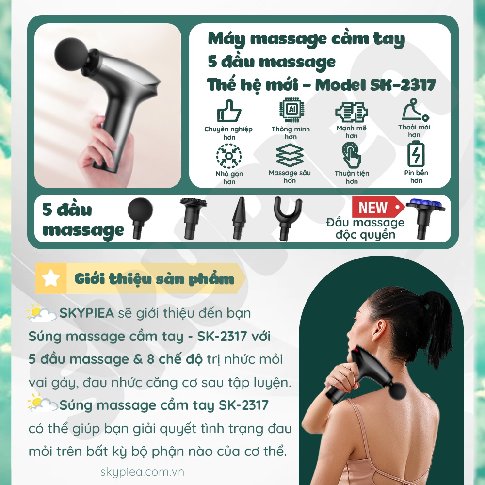 Máy massage cầm tay Ver8.3 2023 - Thương hiệu SKYPIEA - SK2317- 5 đầu massage 8 mức độ
