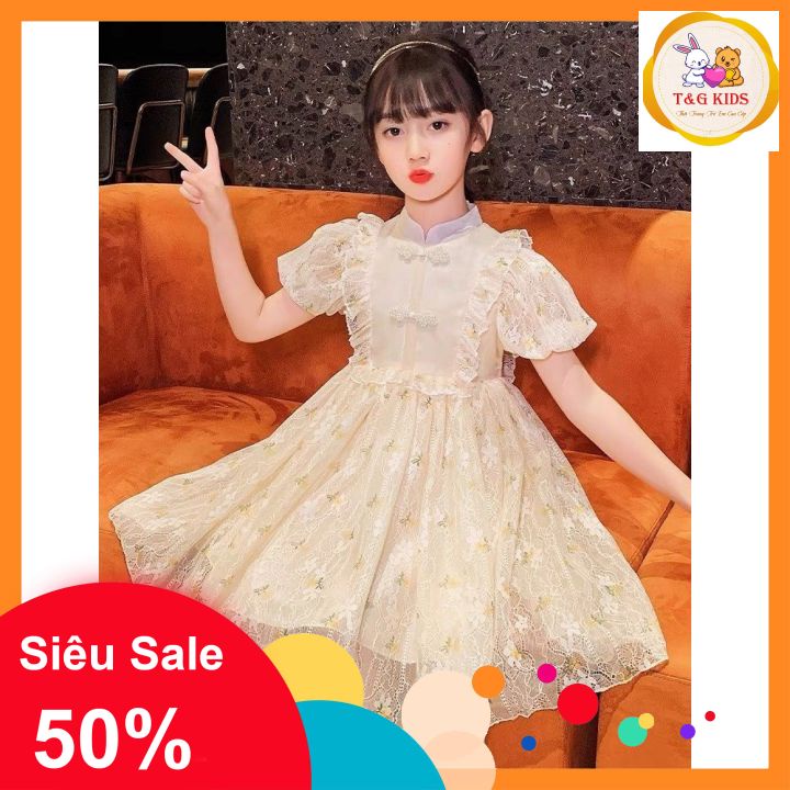váy đầm công chúa, đầm dự tiệc bé gái cổ tàu màu vàng cúc ngọc ren thêu hoa nhí cao cấp 8kg-25kg chất liệu mềm mát