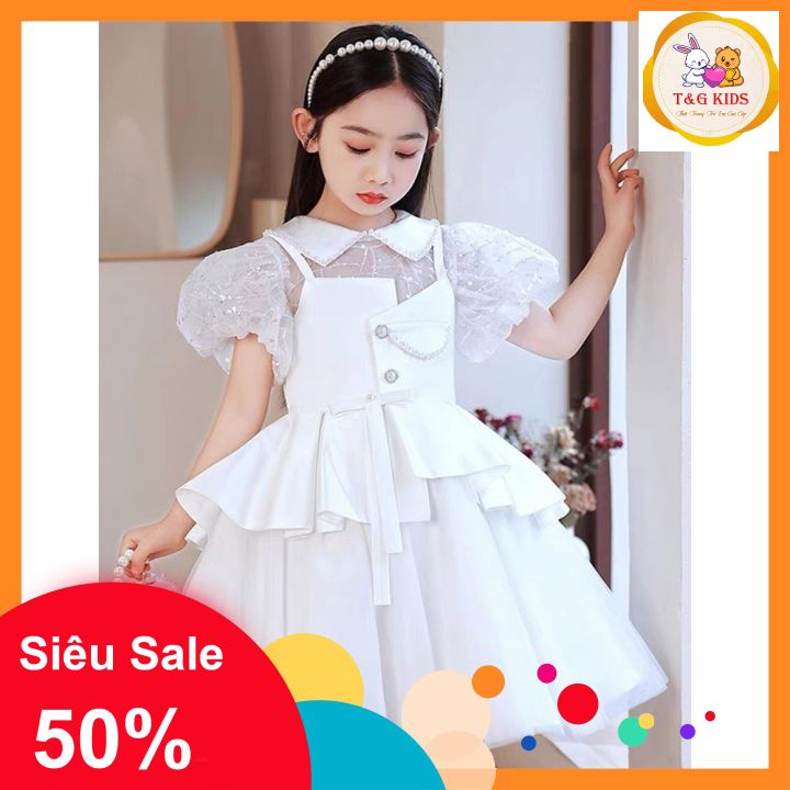 Đầm Công Chúa cho bé gái Trắng Hai Tầng Đính Hạt Cao Cấp - váy Công Chúa Cao cấp 10-40KG