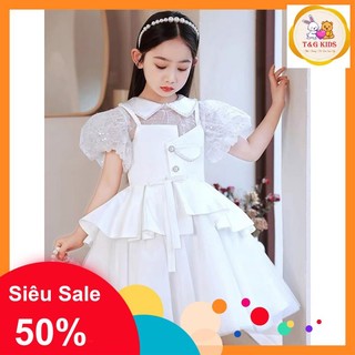 Đầm công chúa cho bé gái trắng hai tầng đính hạt cao cấp - váy công chúa cao cấp 10-40kg