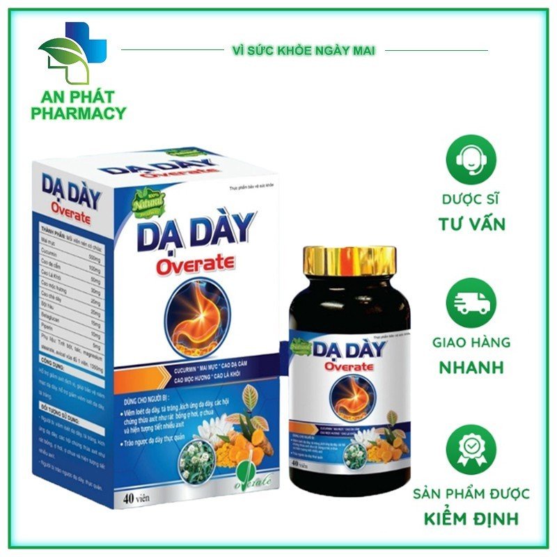 Dạ dày OVERATE / Viên uống giảm viêm loét dạ dày / Curumin chống trào ngược dạ dày thực quản.