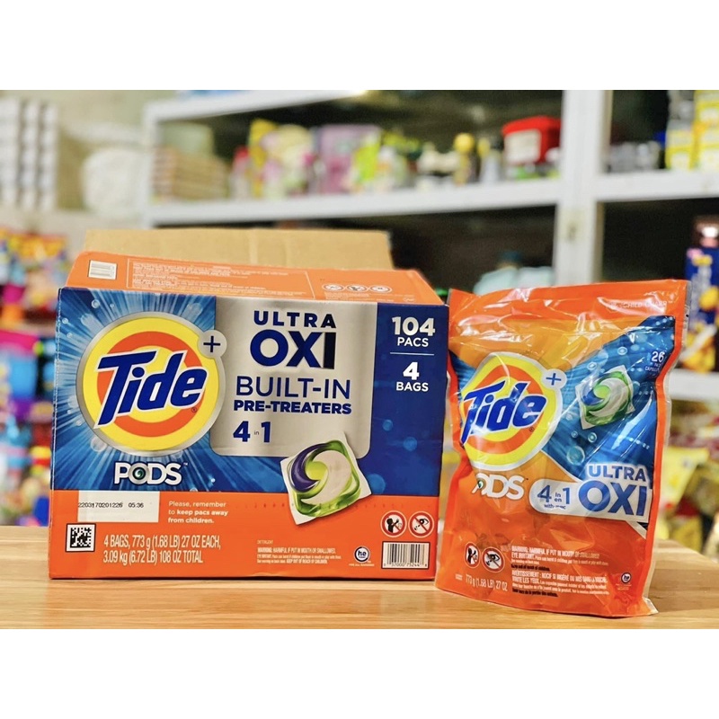 4 Túi x 26 Viên (104 viên) Viên Giặt Tide Pod Ultra Oxi 4in1 Mỹ (Giặt + Tẩy + Giữ Màu + Mềm Vải) Thơm Hương Hoa