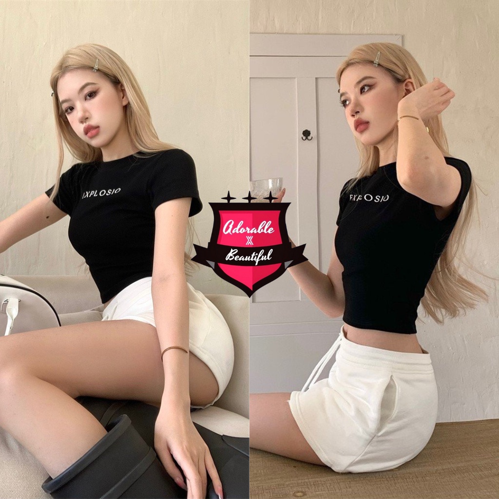 Set Áo Baby Tee Croptop Trắng Đen Dày Dặn, Chân Váy Thun Trắng Có Lót Dây Rút Trendy Y2K