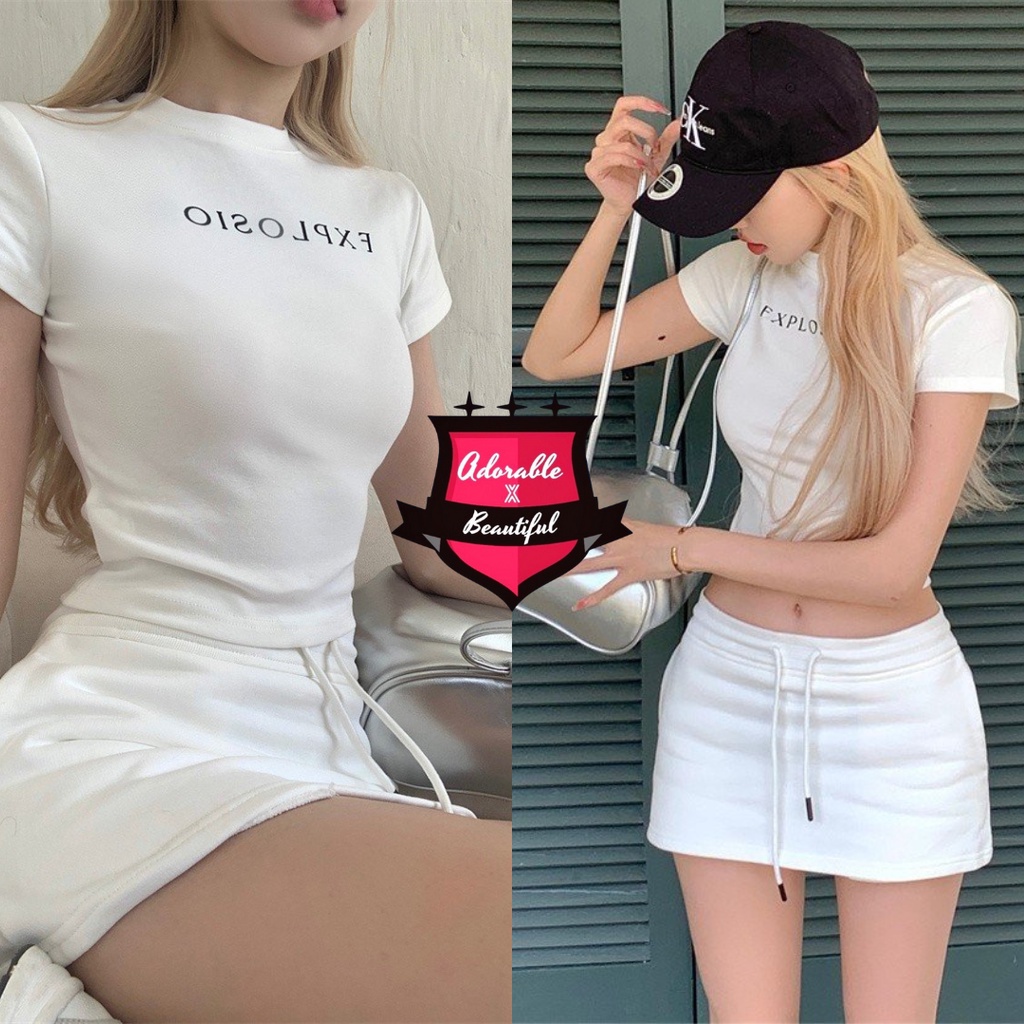 Set Áo Baby Tee Croptop Trắng Đen Dày Dặn, Chân Váy Thun Trắng Có Lót Dây Rút Trendy Y2K