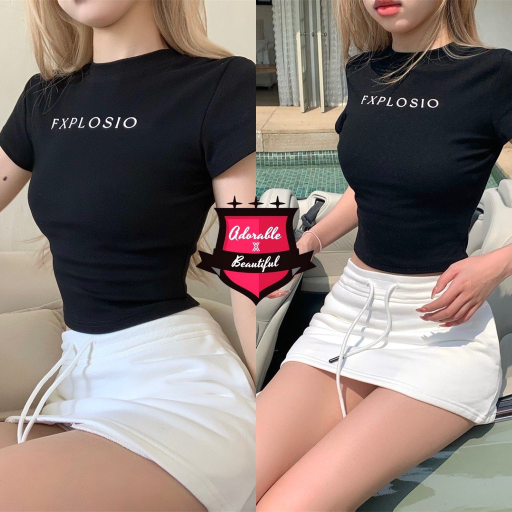 Set Áo Baby Tee Croptop Trắng Đen Dày Dặn, Chân Váy Thun Trắng Có Lót Dây Rút Trendy Y2K