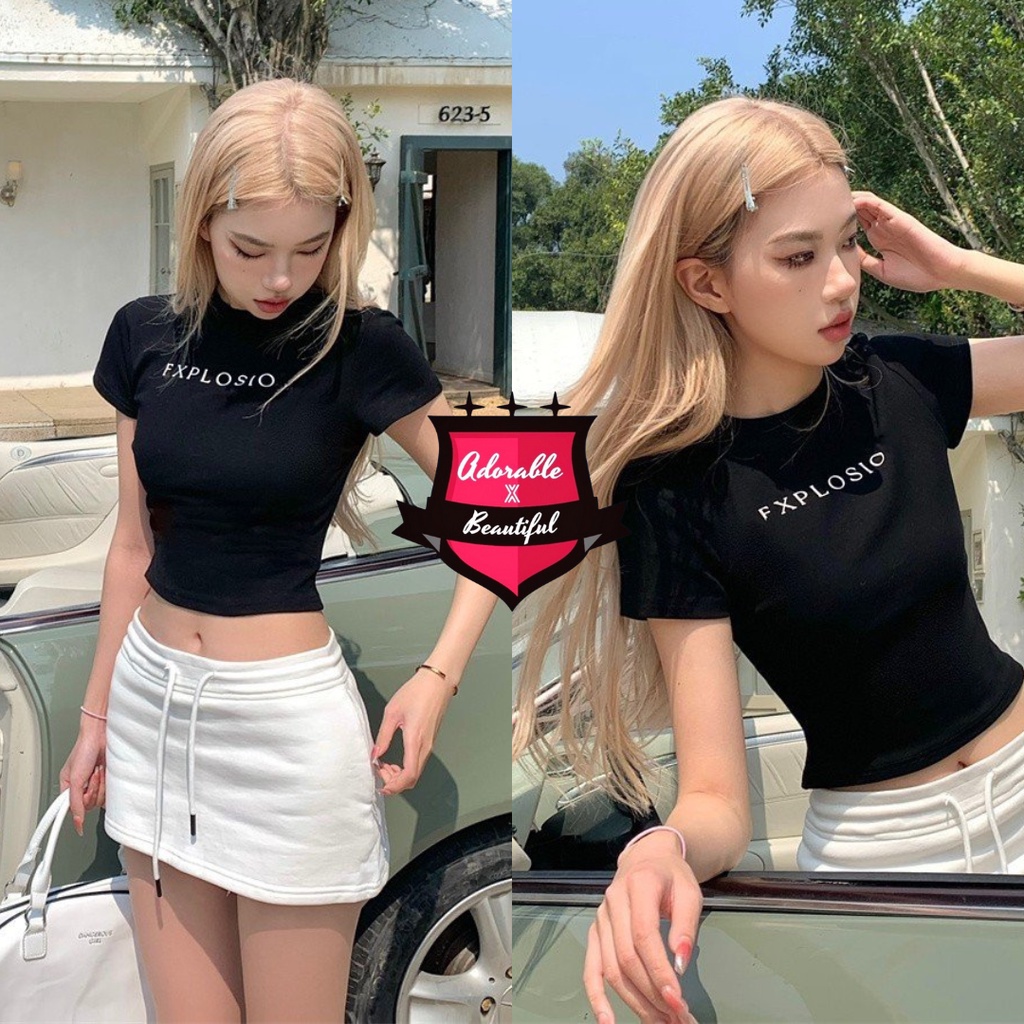 Set Áo Baby Tee Croptop Trắng Đen Dày Dặn, Chân Váy Thun Trắng Có Lót Dây Rút Trendy Y2K