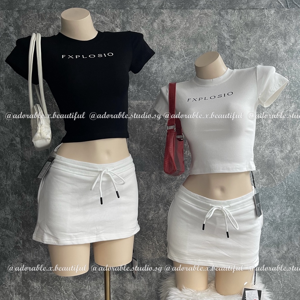 Set Áo Baby Tee Croptop Trắng Đen Dày Dặn, Chân Váy Thun Trắng Có Lót Dây Rút Trendy Y2K