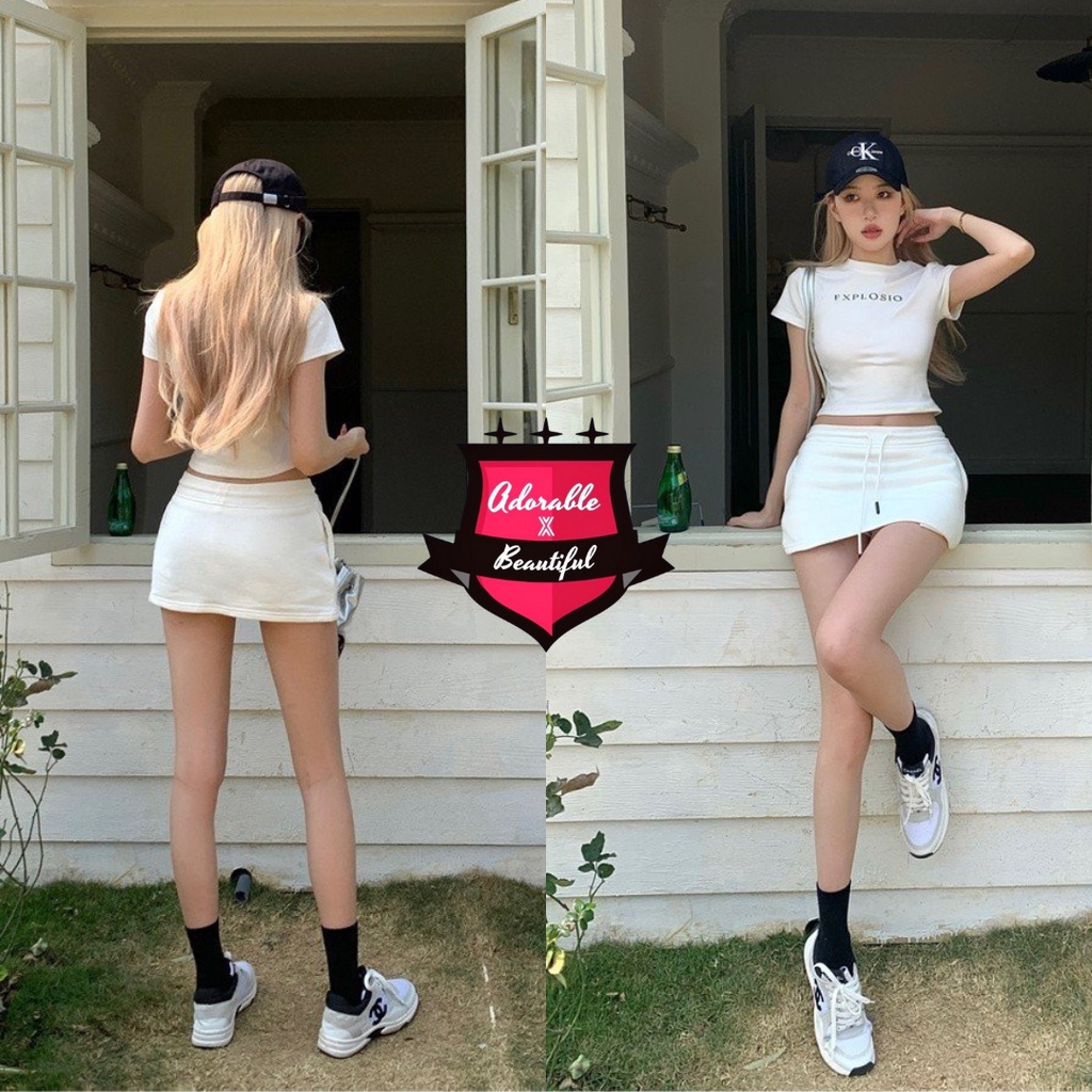 Set Áo Baby Tee Croptop Trắng Đen Dày Dặn, Chân Váy Thun Trắng Có Lót Dây Rút Trendy Y2K