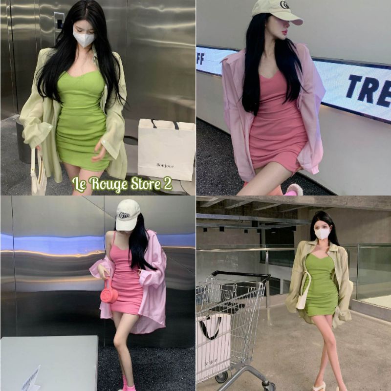 (ORDER) Set nữ ulzzang style Hàn sexy áo khoác sơ mi mỏng + đàm hai dây trơn màu body xanh lá và hồng đào